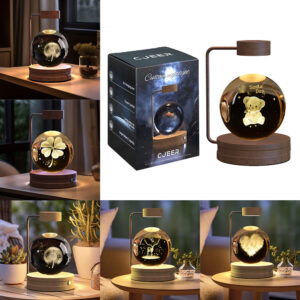 3D Laser Engraved Crystal Ball Night Light with Solid Wood Base